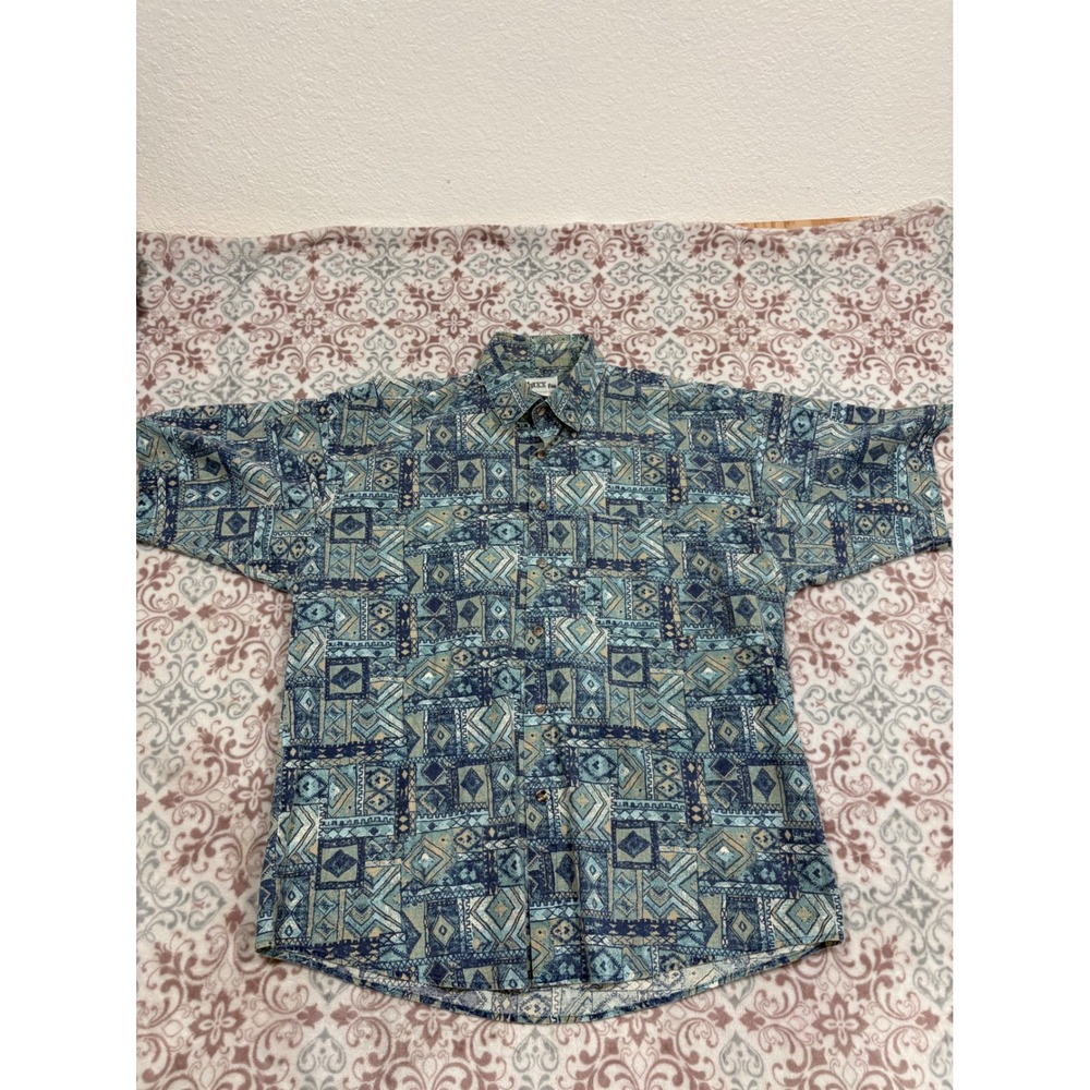 Vintage Maxx fm Mens Large Blue Geometric TribalPrint Button Down Shirt USA Made